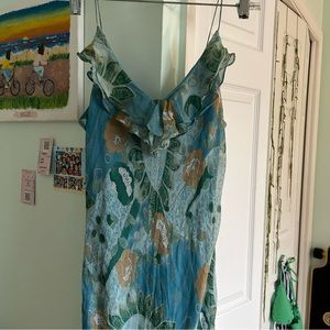 ICE Vintage Blue Floral Asymmetrical Dress with Ruffles, Size 8